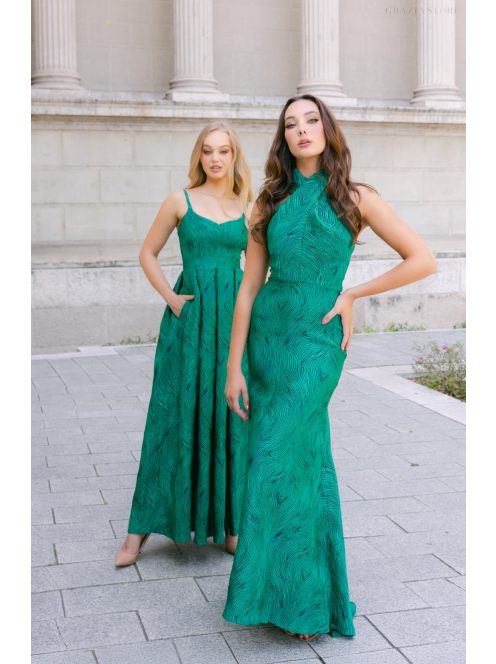 Lia Jacquard maxi ruha - Zöld-fekete mintás elegáns alkalmi ruha