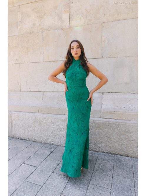 Lia Jacquard maxi ruha - Zöld-fekete mintás elegáns alkalmi ruha