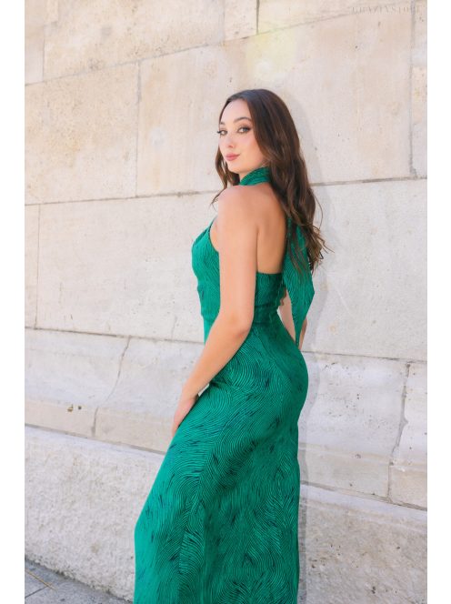 Lia Jacquard maxi ruha - Zöld-fekete mintás elegáns alkalmi ruha