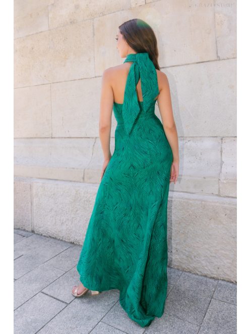 Lia Jacquard maxi ruha - Zöld-fekete mintás elegáns alkalmi ruha