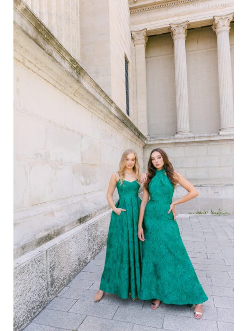 Lia Jacquard maxi ruha - Zöld-fekete mintás elegáns alkalmi ruha