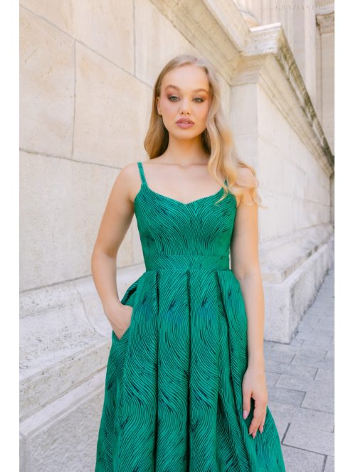 Chloe – anyagában mintás jacquard maxi ruha szív kivágással sötétzöld színben