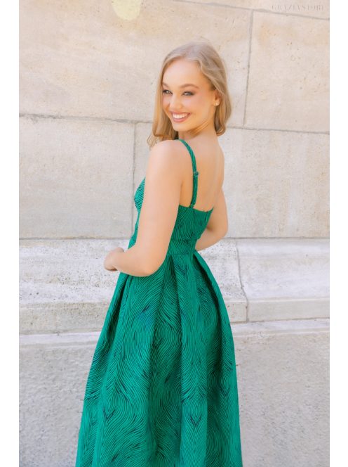 Chloe – anyagában mintás jacquard maxi ruha szív kivágással sötétzöld színben