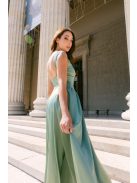 Zsálya színű szatén maxi ruha mély hátkivágással