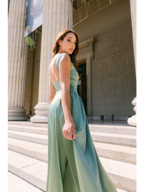 Zsálya színű szatén maxi ruha mély hátkivágással