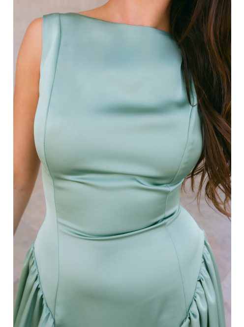 Zsálya színű szatén maxi ruha mély hátkivágással