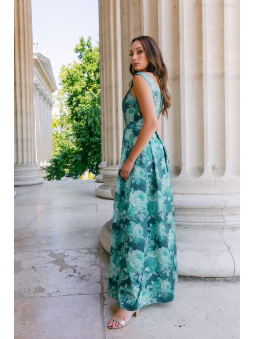 Frida – virágmintás szatén maxi ruha ejtett vállú elasztikus felsőrésszel 