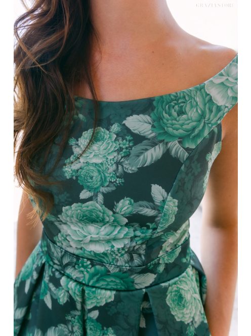 Frida – virágmintás szatén maxi ruha ejtett vállú elasztikus felsőrésszel 