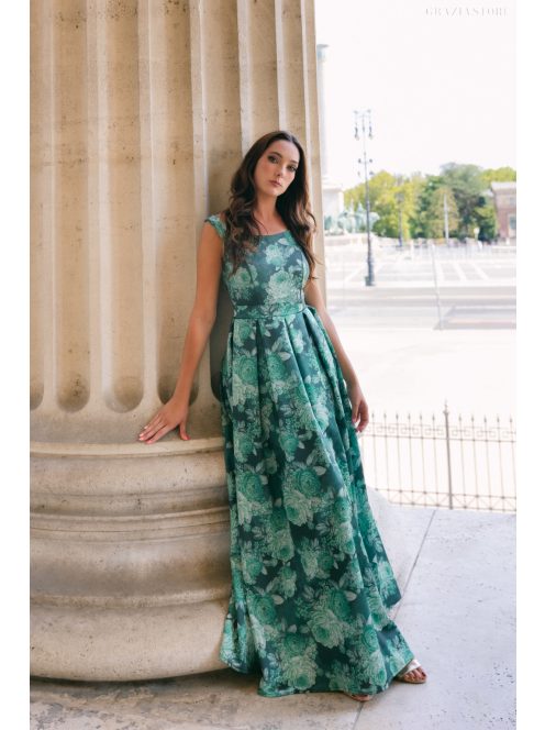 Frida – virágmintás szatén maxi ruha ejtett vállal