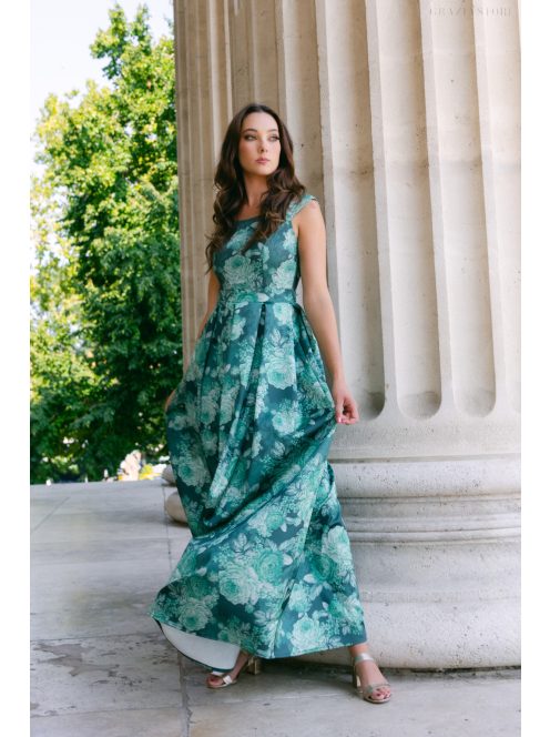 Frida – virágmintás szatén maxi ruha ejtett vállal