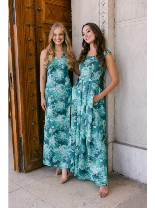 Annabella – virágmintás szatén maxi ruha V dekoltázzsal és hátkivágással