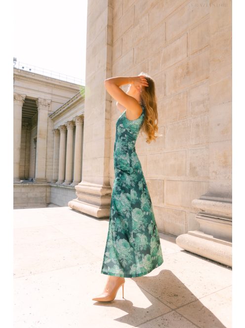 Annabella – virágmintás szatén maxi ruha V kivágással