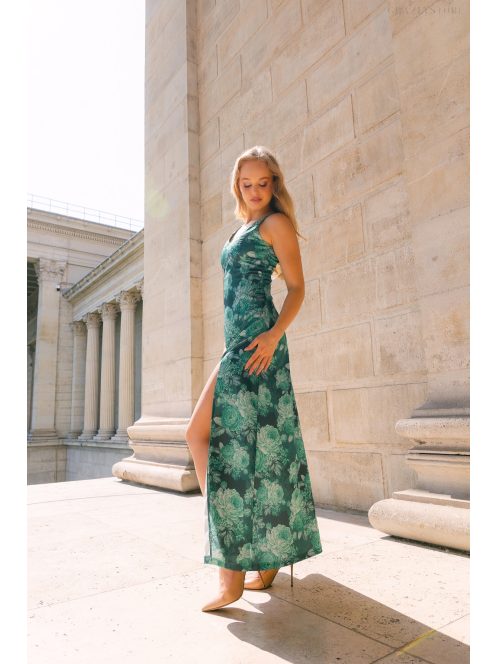 Annabella – virágmintás szatén maxi ruha V kivágással