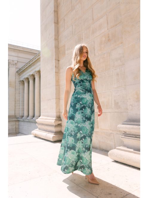 Annabella – virágmintás szatén maxi ruha V dekoltázzsal és hátkivágással
