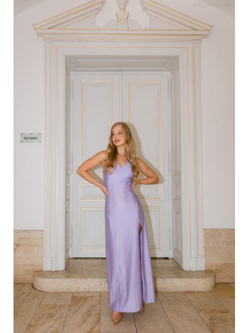 Annabella – levenula színű szatén maxi ruha V kivágással