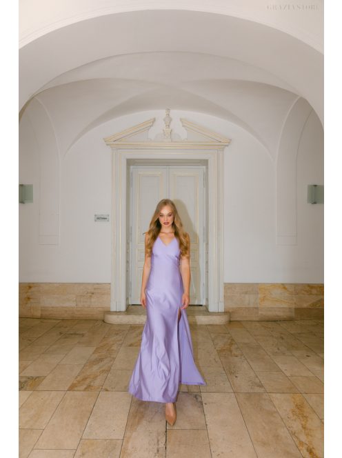 Annabella – levenula színű szatén maxi ruha V kivágással