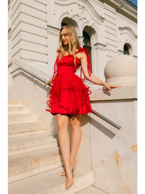 Elena – Piros szatén mini ruha tüll szoknyával 