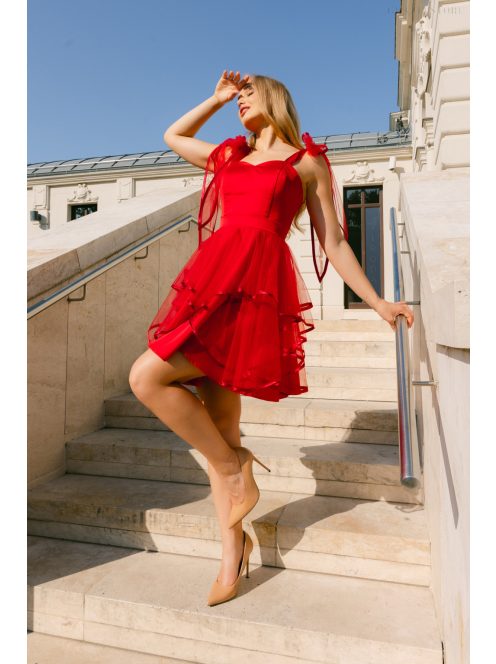 Elena – Piros szatén mini ruha tüll szoknyával és masnira köthető pántokkal