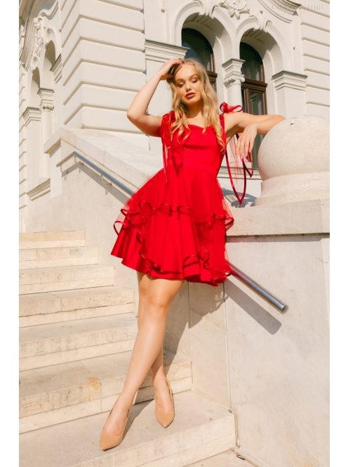 Elena – Piros szatén mini ruha tüll szoknyával 
