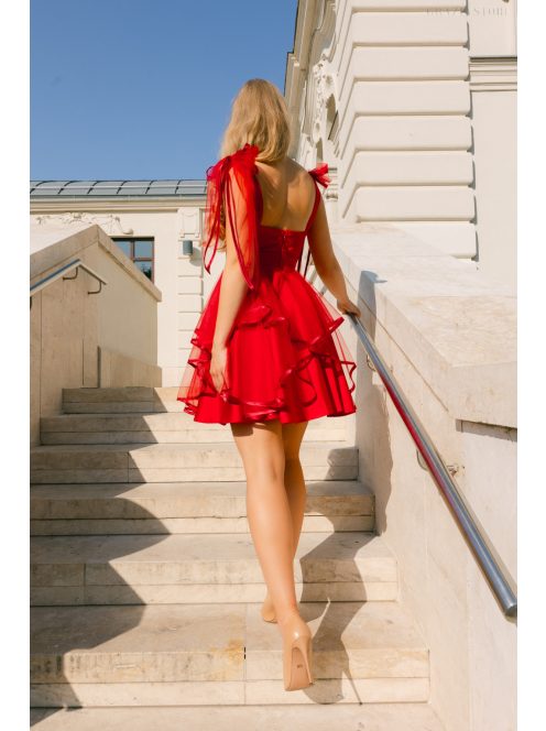 Elena – Piros szatén mini ruha tüll szoknyával és masnira köthető pántokkal