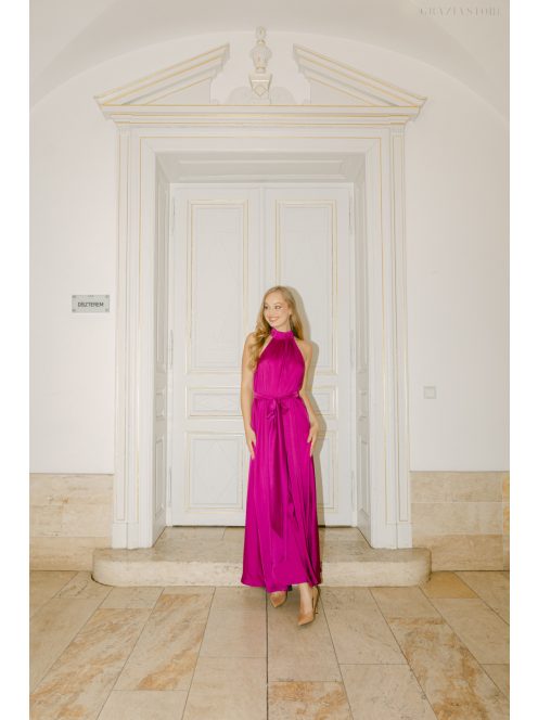 Olga – Magenta light szatén maxi ruha megkötős nyakkal és bő szabással