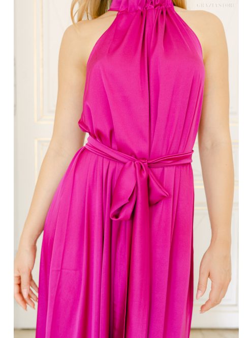 Olga – Magenta szatén maxi ruha megkötős nyakkal és elegáns bő szabással
