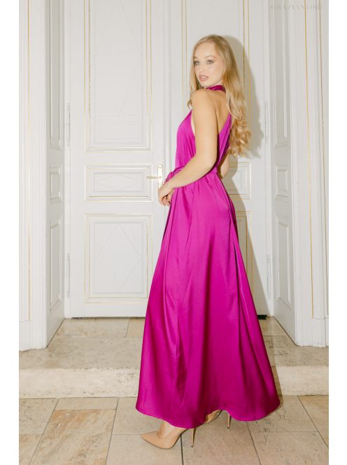Olga – Magenta szatén maxi ruha megkötős nyakkal és elegáns bő szabással