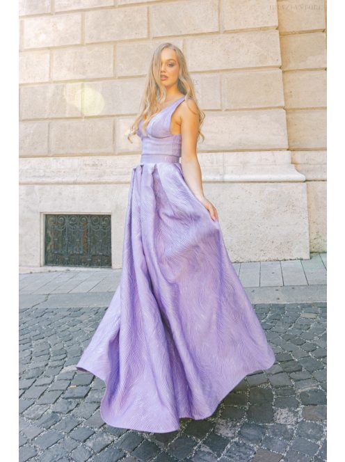 Szonja – Lila jacquard maxi ruha V dekoltázzsal 