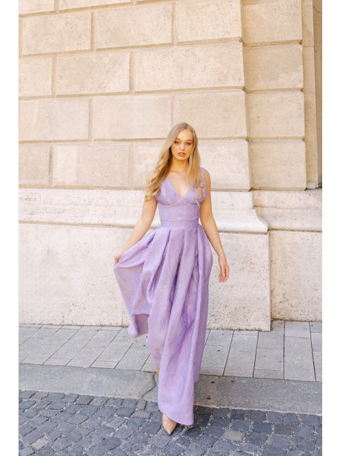Szonja – Lila jacquard maxi ruha V dekoltázzsal 
