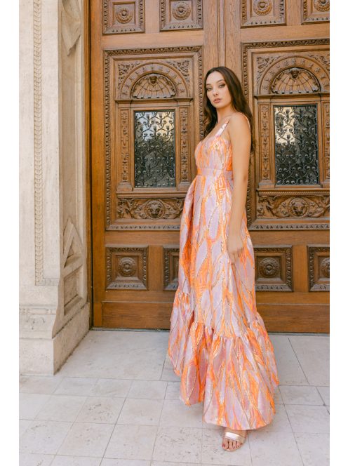 Evelin – Jacquard maxi ruha szív dekoltázzsal és fodros szoknyával 