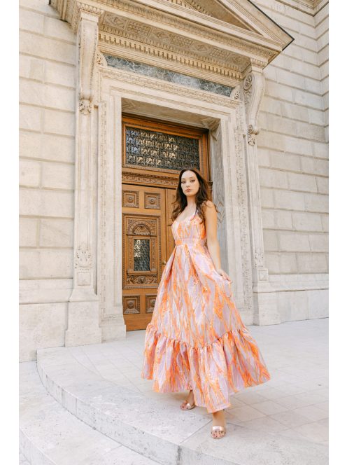 Evelin – anyagában mintás színes maxi ruha szív dekoltázzsal és fodros szoknyával