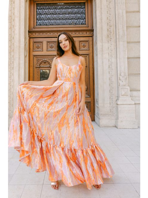 Evelin – Jacquard maxi ruha szív dekoltázzsal és fodros szoknyával 