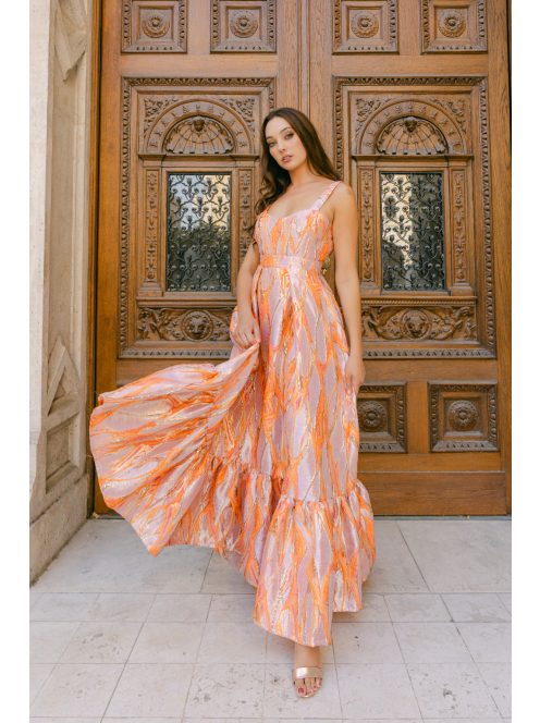 Evelin – Jacquard maxi ruha szív dekoltázzsal és fodros szoknyával 